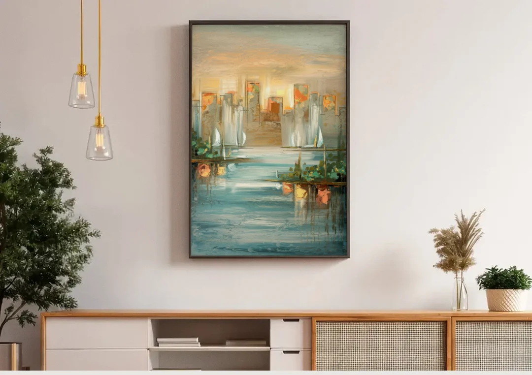 Buffalo Waterfront Tranquility canvas wall art above a wooden sideboard under pendant lights