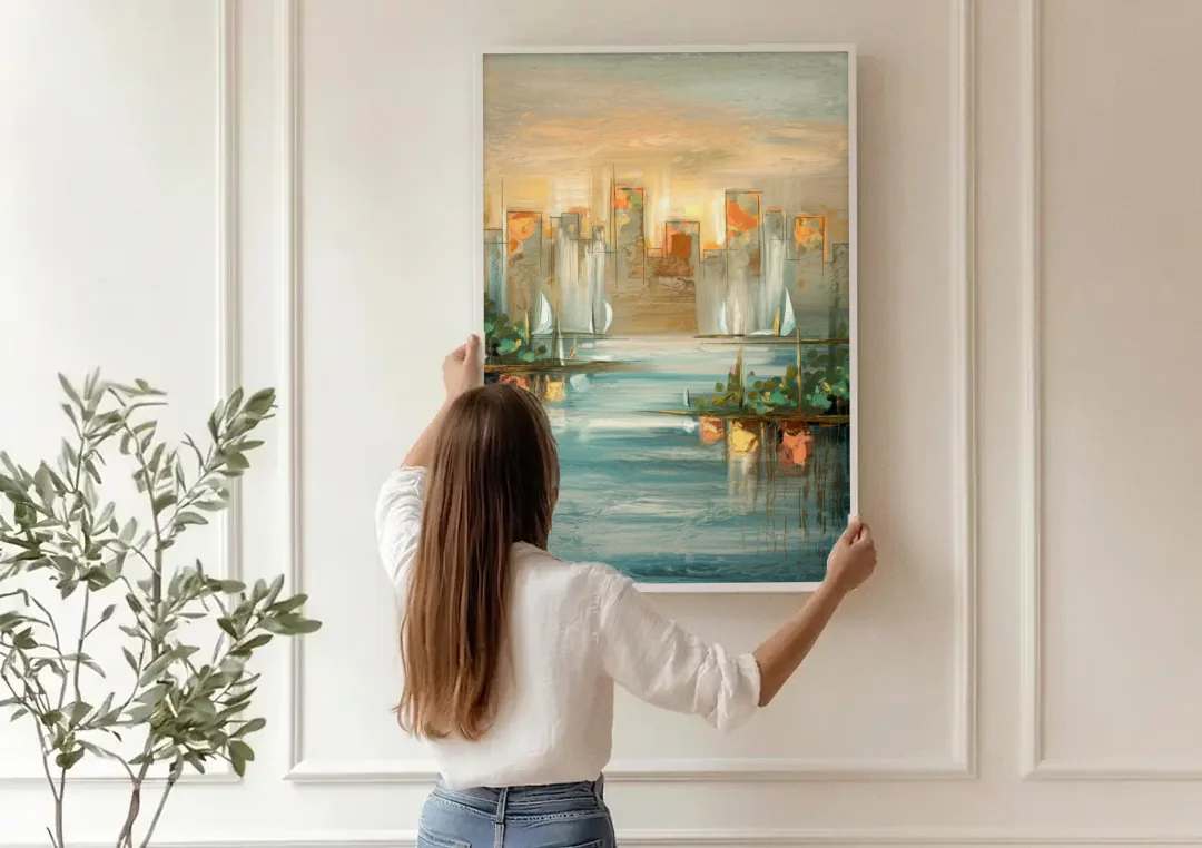 Buffalo Waterfront Tranquility canvas wall art being hung on a paneled wall