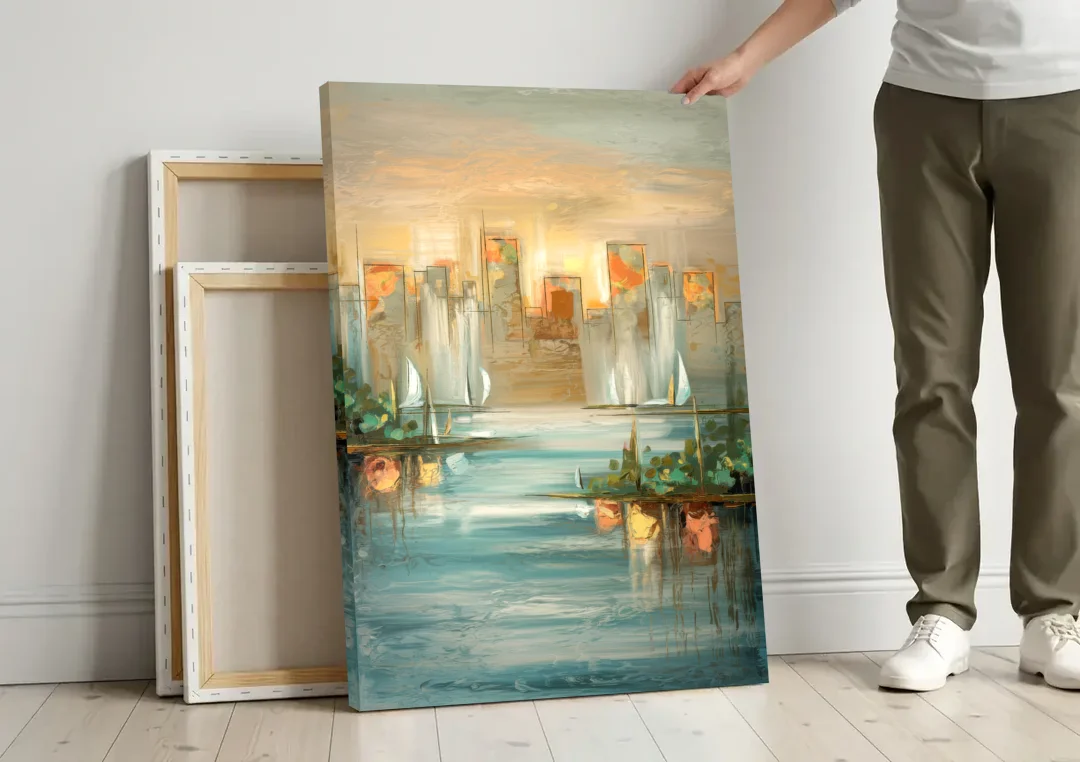 Buffalo Waterfront Tranquility canvas wall art leaning against a wall next to blank canvases