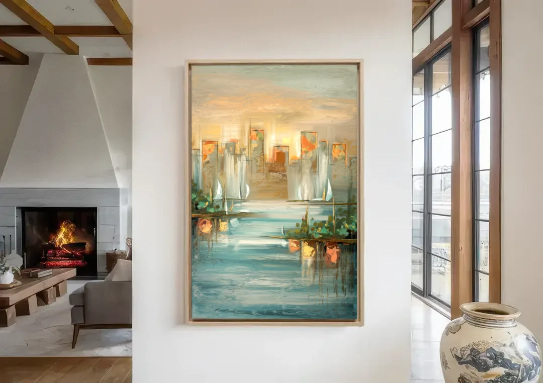 Buffalo Waterfront Tranquility canvas wall art in a living room with a fireplace