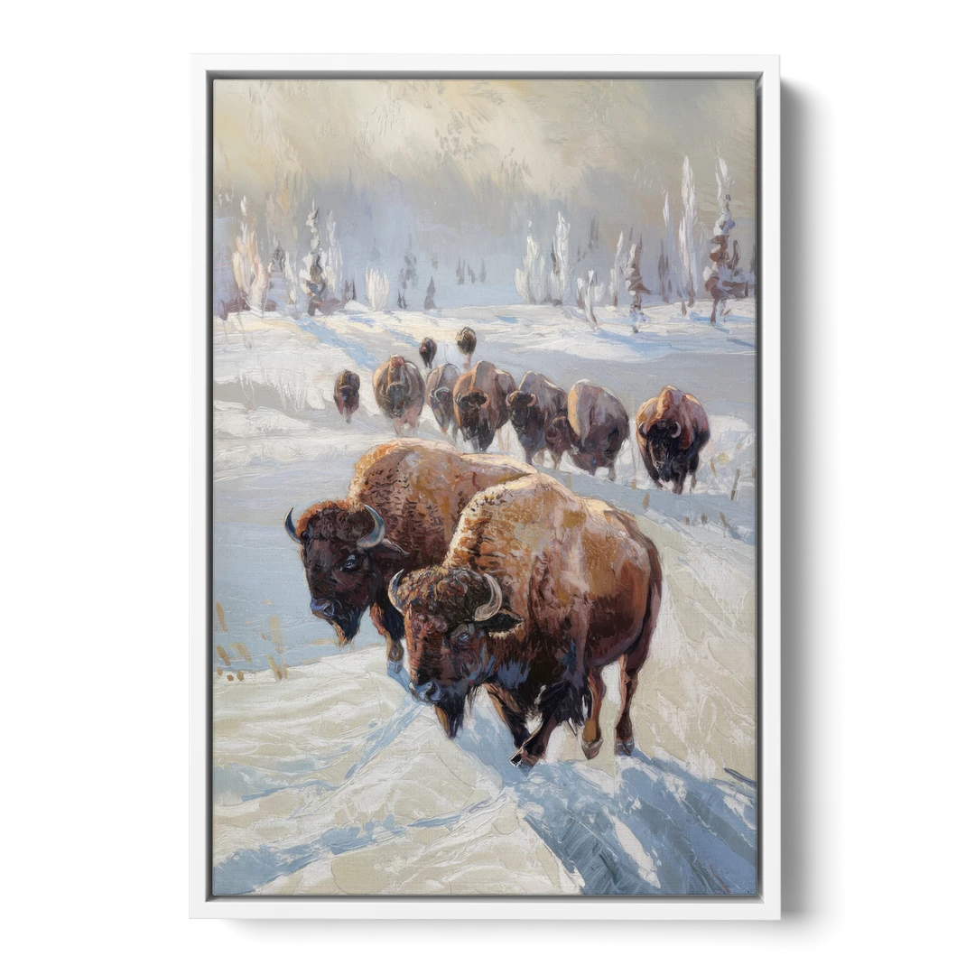 Buffalo Winter Wonderland - White Framed Canvas Wall Art - Front