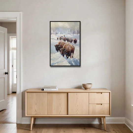 Buffalo Winter Wonderland - Black Framed Canvas Wall Art - Coffee Table - 24x36