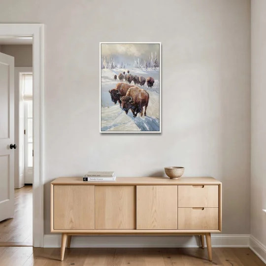 Buffalo Winter Wonderland - White Framed Canvas Wall Art - Coffee Table - 24x36
