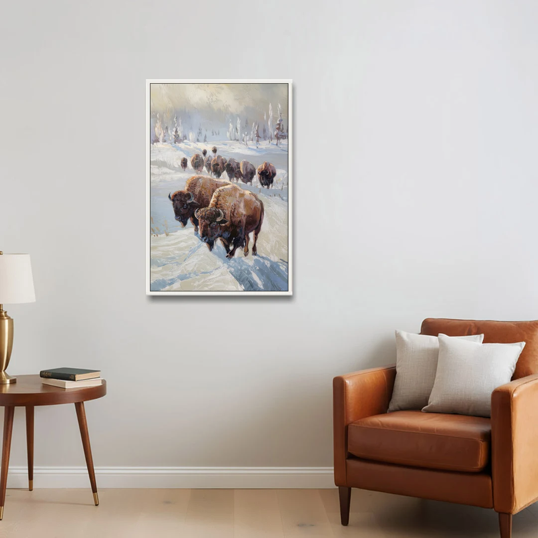 Buffalo Winter Wonderland - White Framed Canvas Wall Art - Sofa - 24x36