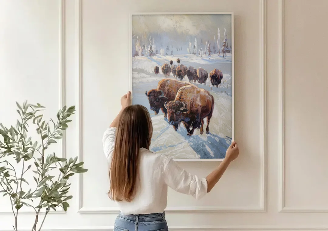 Buffalo Winter Wonderland canvas wall art being hung on a paneled wall