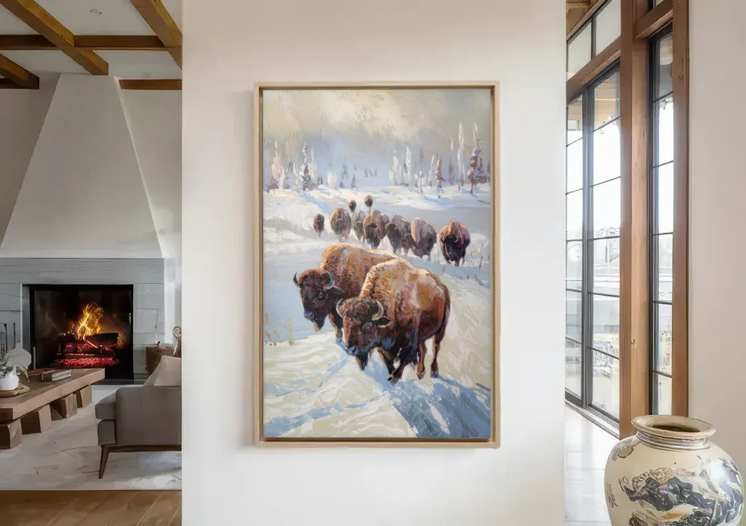 Buffalo Winter Wonderland canvas wall art in a living room with a fireplace