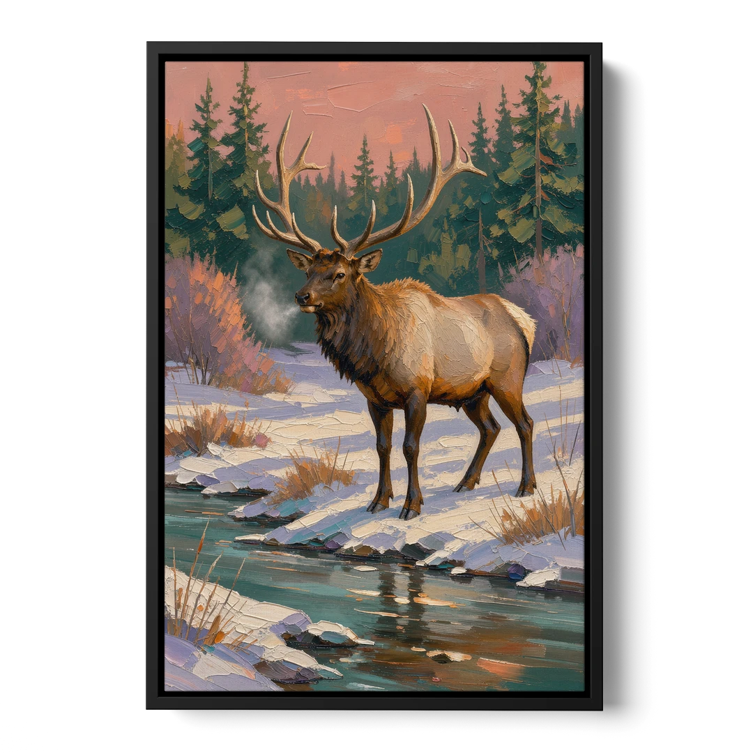 Bull Elk at the Snowy Creek in Winter - Black Framed Canvas Wall Art - Front