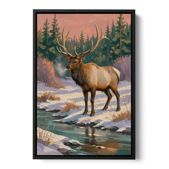 Bull Elk at the Snowy Creek in Winter - Black Framed Canvas Wall Art - Front
