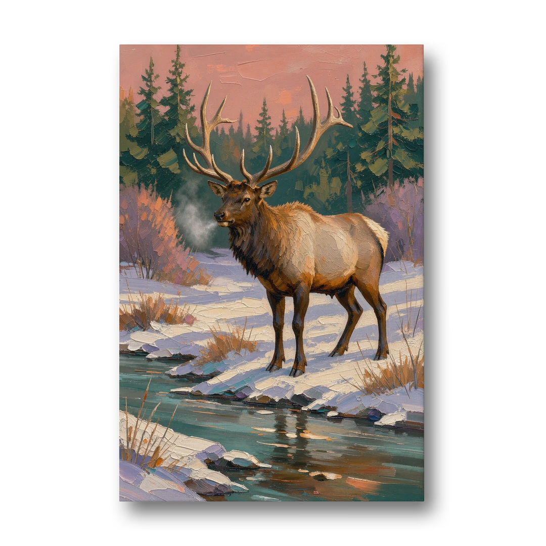 Bull Elk at the Snowy Creek in Winter - Canvas Wall Art - Front
