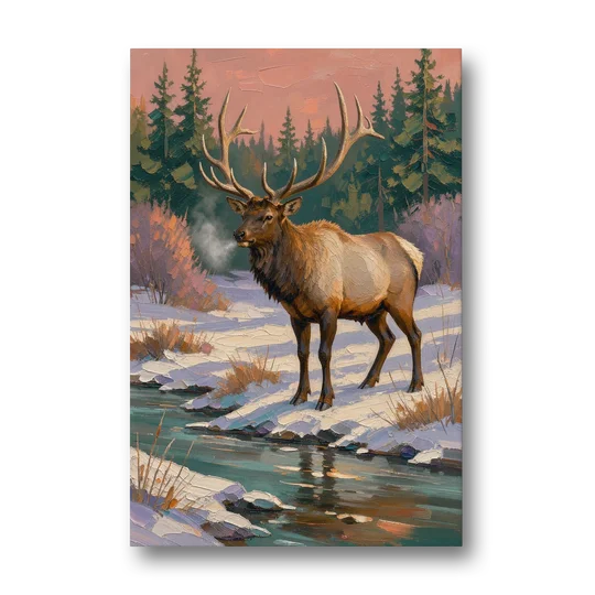 Bull Elk at the Snowy Creek in Winter - Canvas Wall Art - Front