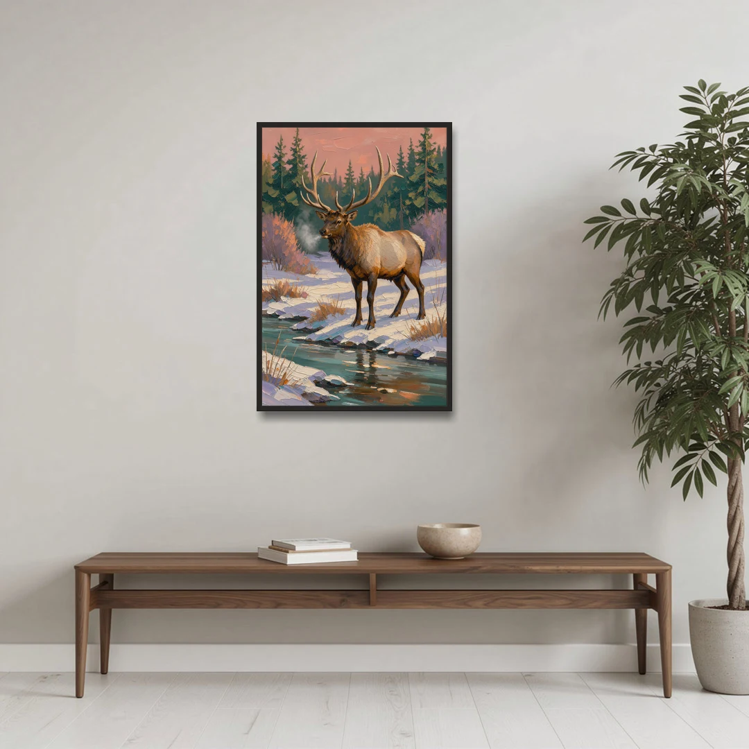 Bull Elk at the Snowy Creek in Winter - Black Framed Canvas Wall Art - Coffee Table - 24x36