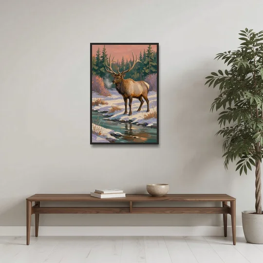 Bull Elk at the Snowy Creek in Winter - Black Framed Canvas Wall Art - Coffee Table - 24x36