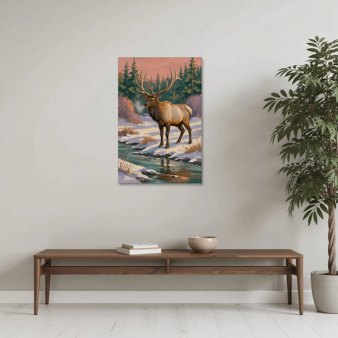 Bull Elk at the Snowy Creek in Winter - Canvas Wall Art - Coffee Table - 24x36