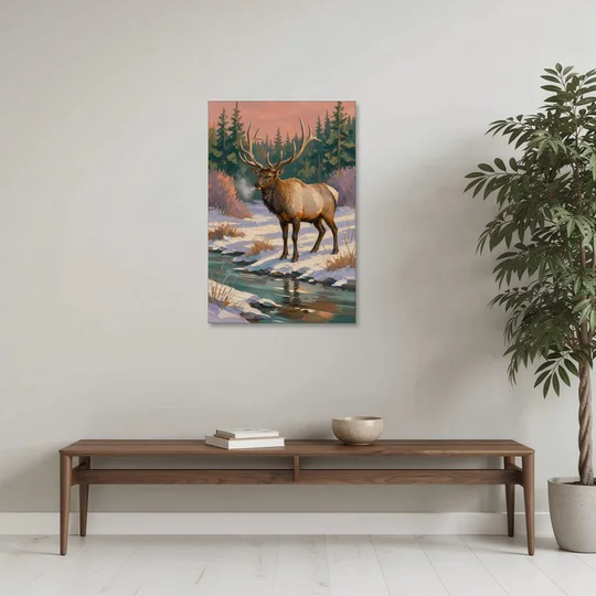 Bull Elk at the Snowy Creek in Winter - Canvas Wall Art - Coffee Table - 24x36