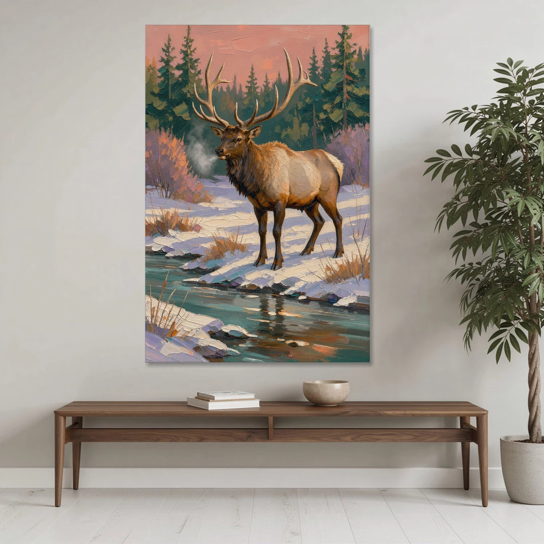 Bull Elk at the Snowy Creek in Winter - Canvas Wall Art - Coffee Table - 40x60