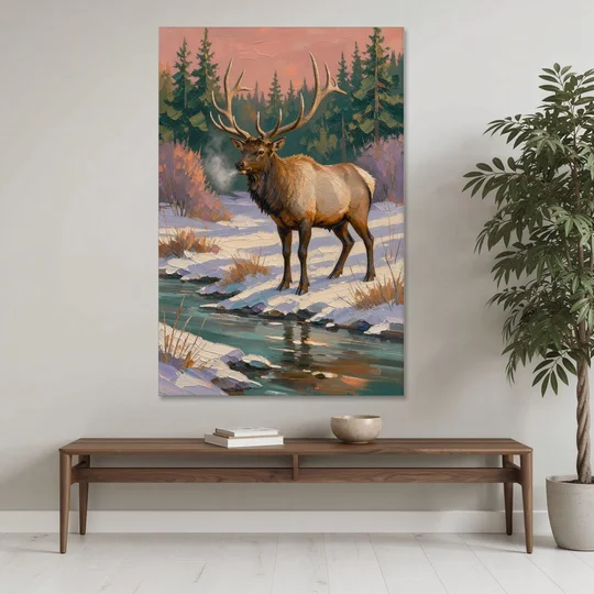 Bull Elk at the Snowy Creek in Winter - Canvas Wall Art - Coffee Table - 40x60