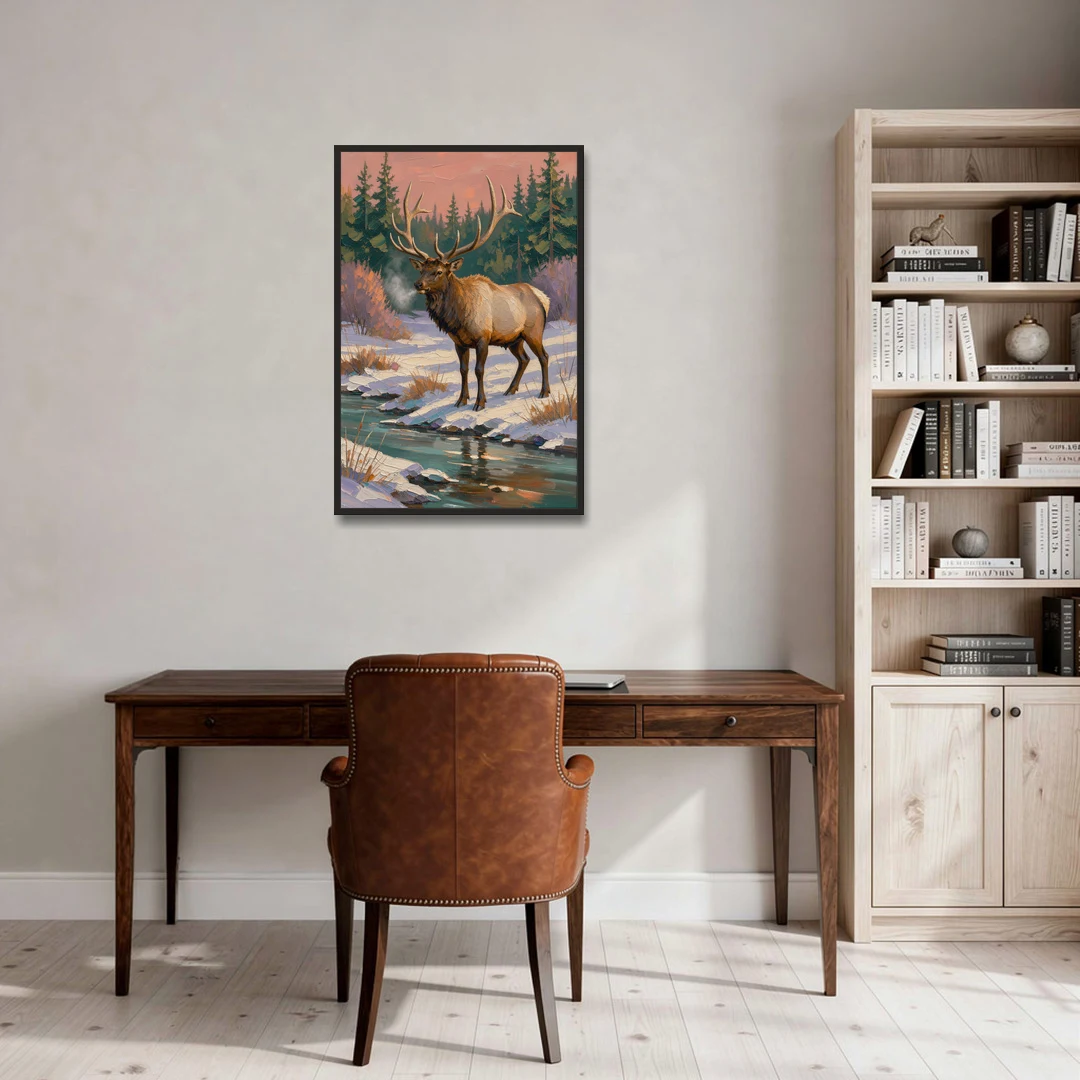 Bull Elk at the Snowy Creek in Winter - Black Framed Canvas Wall Art - Office - 24x36