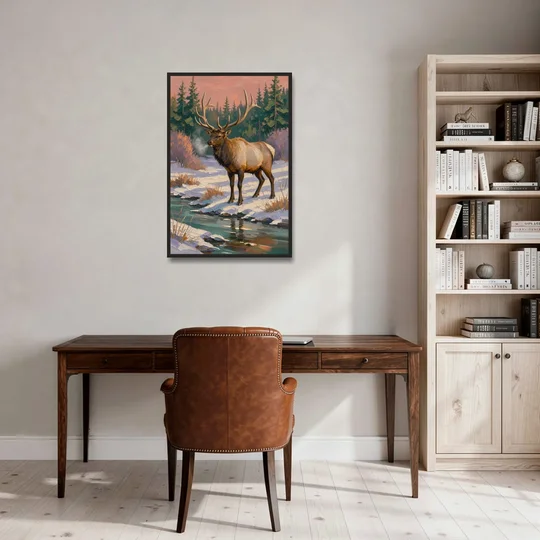 Bull Elk at the Snowy Creek in Winter - Black Framed Canvas Wall Art - Office - 24x36