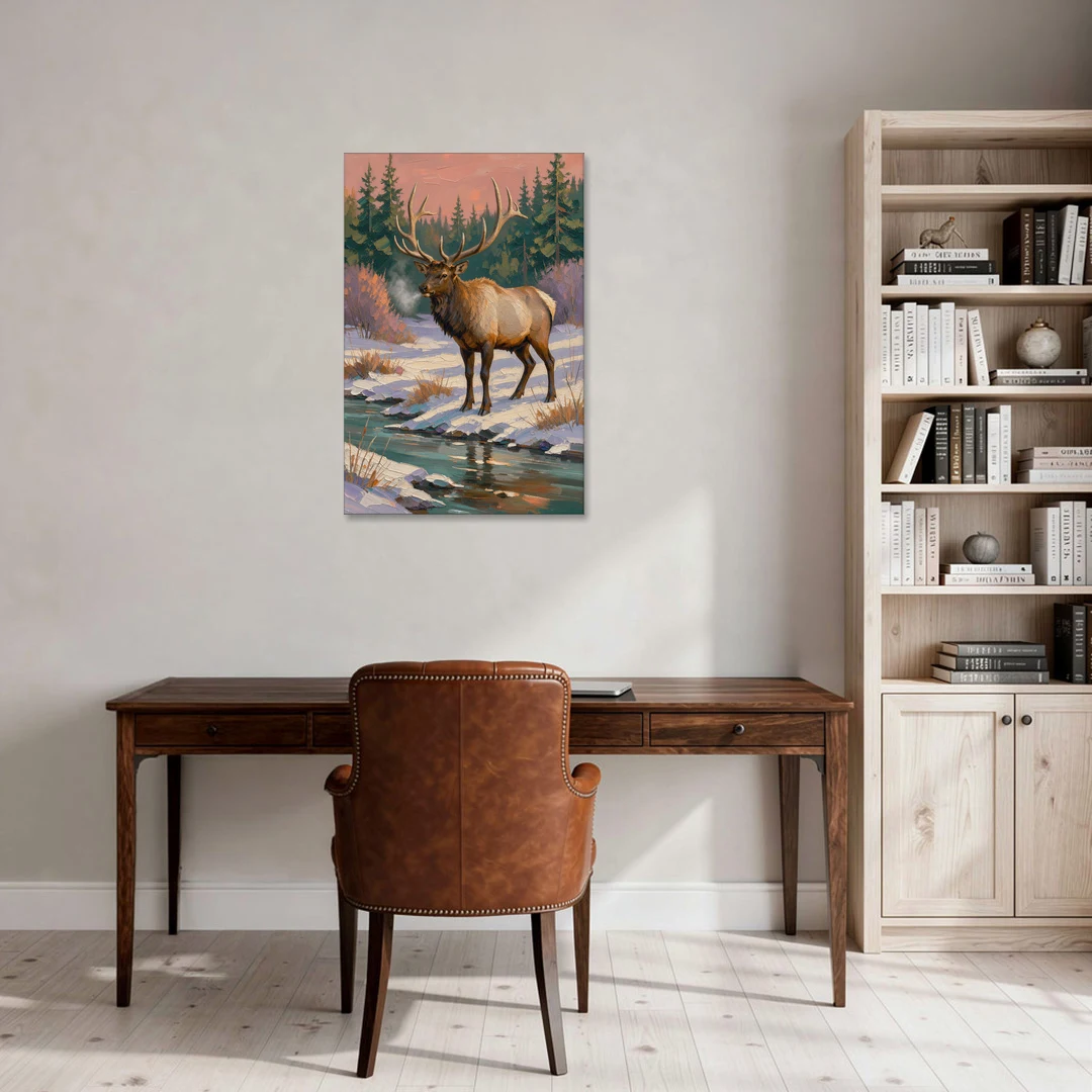 Bull Elk at the Snowy Creek in Winter - Canvas Wall Art - Office - 24x36