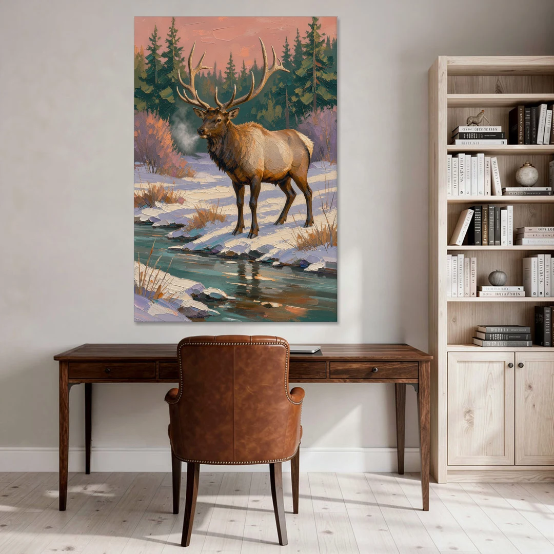 Bull Elk at the Snowy Creek in Winter - Canvas Wall Art - Office - 40x60