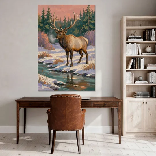 Bull Elk at the Snowy Creek in Winter - Canvas Wall Art - Office - 40x60
