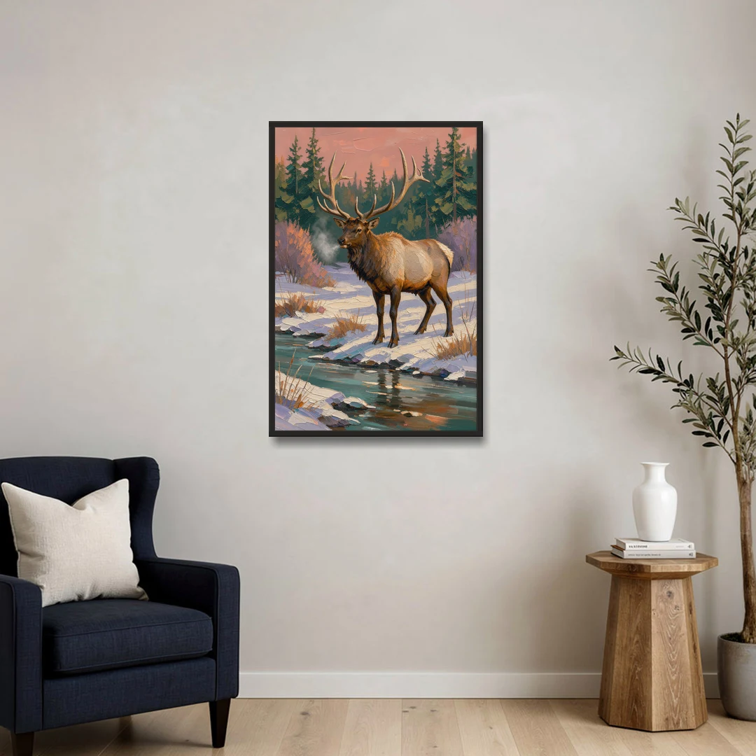 Bull Elk at the Snowy Creek in Winter - Black Framed Canvas Wall Art - Sofa - 24x36