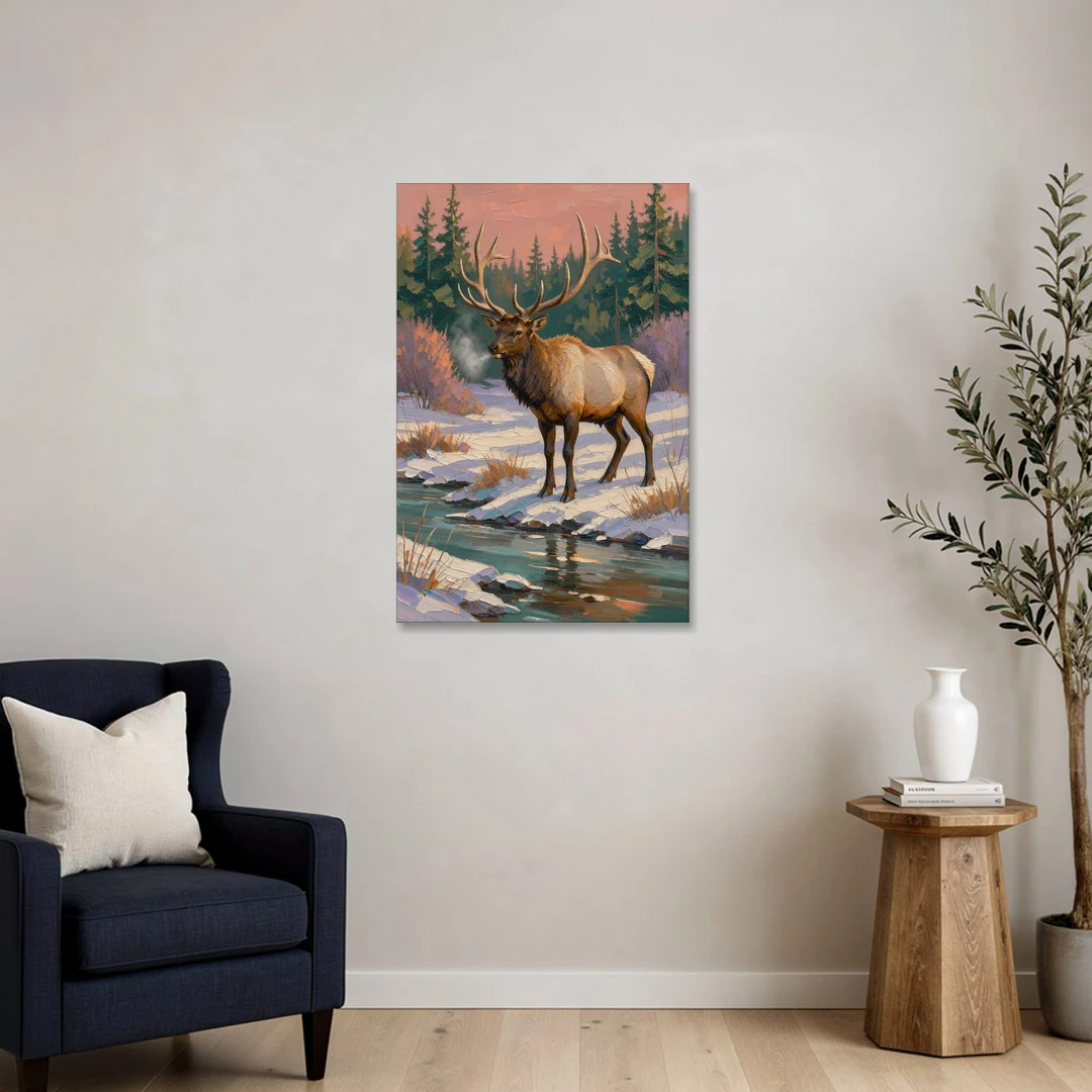 Bull Elk at the Snowy Creek in Winter - Canvas Wall Art - Sofa - 24x36