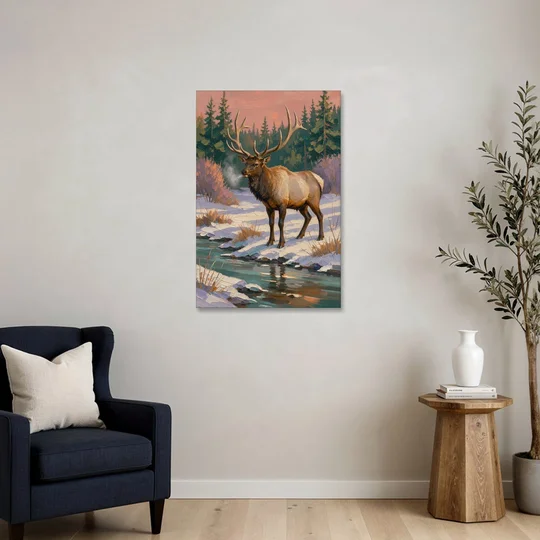 Bull Elk at the Snowy Creek in Winter - Canvas Wall Art - Sofa - 24x36