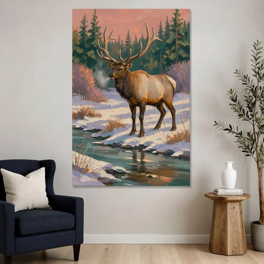 Bull Elk at the Snowy Creek in Winter - Canvas Wall Art - Sofa - 40x60