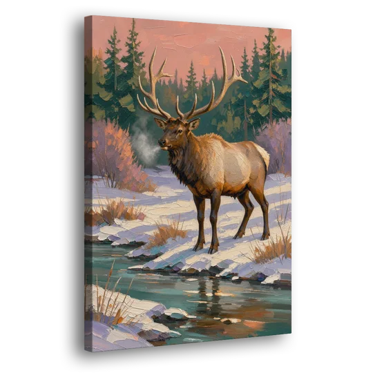 Bull Elk at the Snowy Creek in Winter - Canvas Wall Art - Side