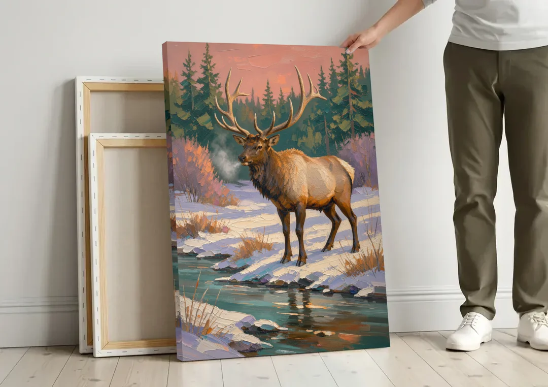 Bull Elk at the Snowy Creek in Winter canvas wall art leaning against a wall next to blank canvases