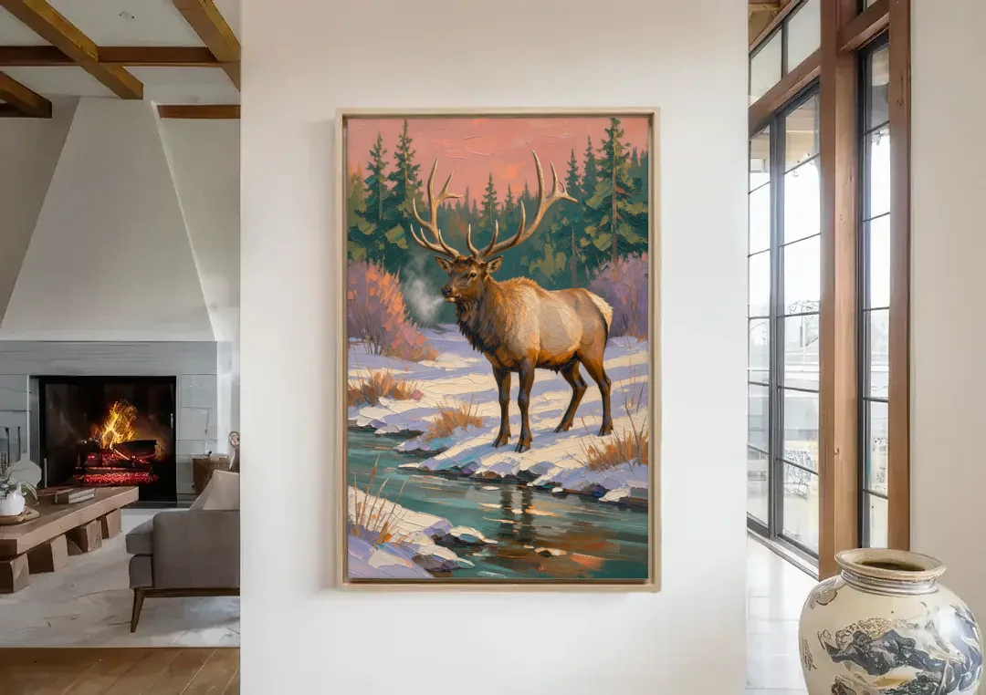 Bull Elk at the Snowy Creek in Winter canvas wall art in a living room with a fireplace