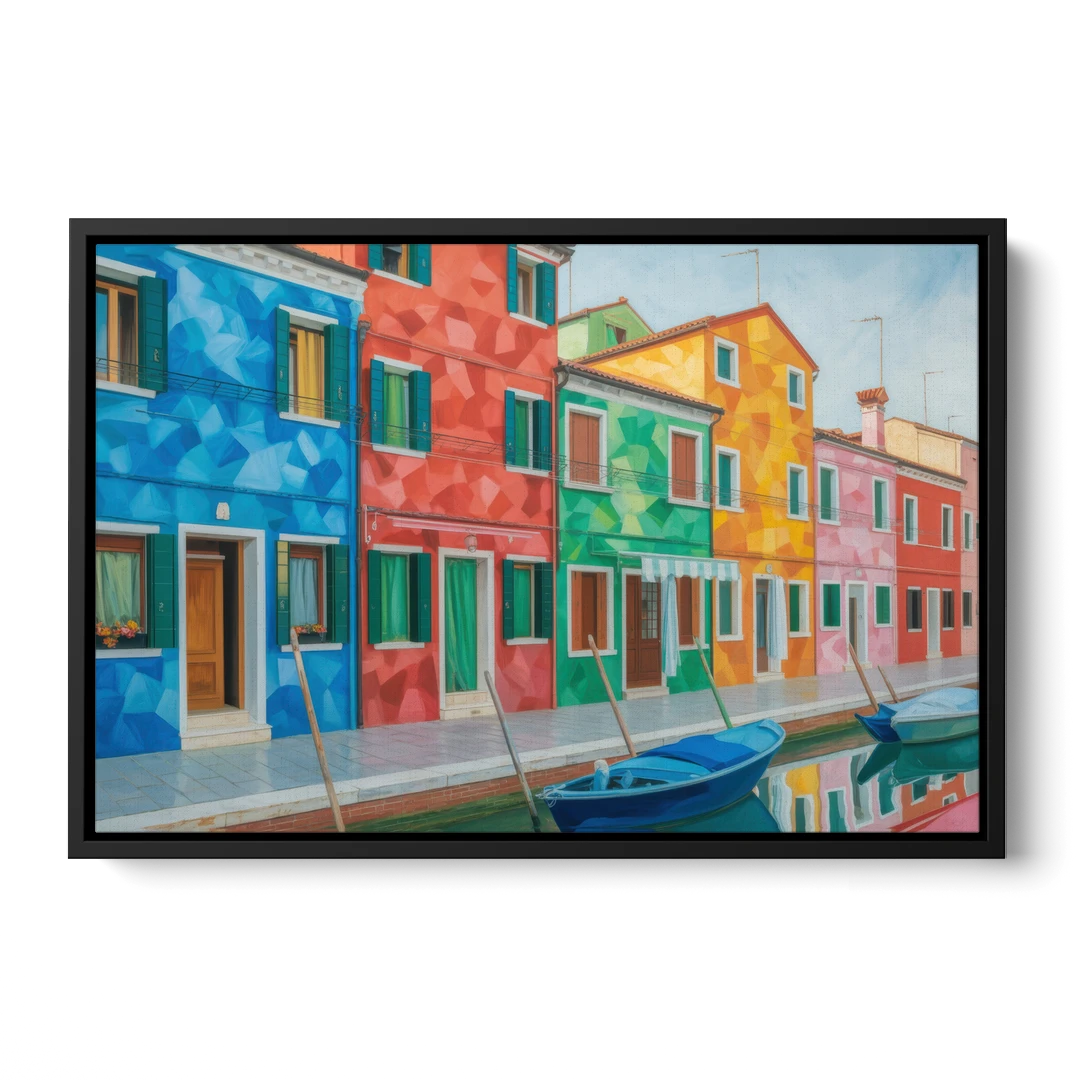 Burano's Colorful Streets - Black Framed Canvas Wall Art - Front