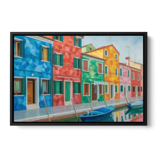 Burano's Colorful Streets - Black Framed Canvas Wall Art - Front