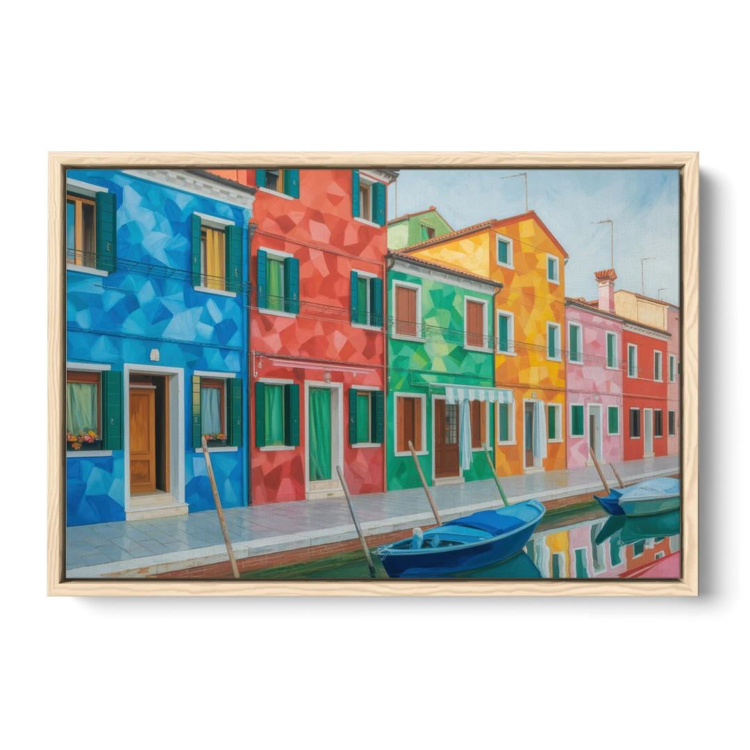 Burano's Colorful Streets - Oak Framed Canvas Wall Art - Front