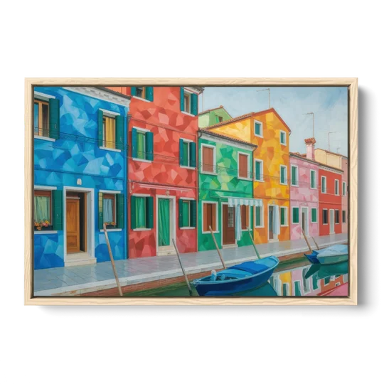 Burano's Colorful Streets - Oak Framed Canvas Wall Art - Front