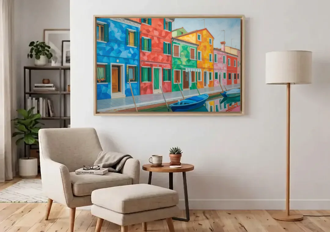 Burano's Colorful Streets canvas wall art above an armchair in a bright living room