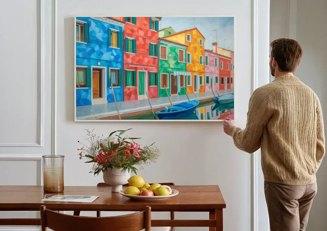 Burano's Colorful Streets canvas wall art above a dining table