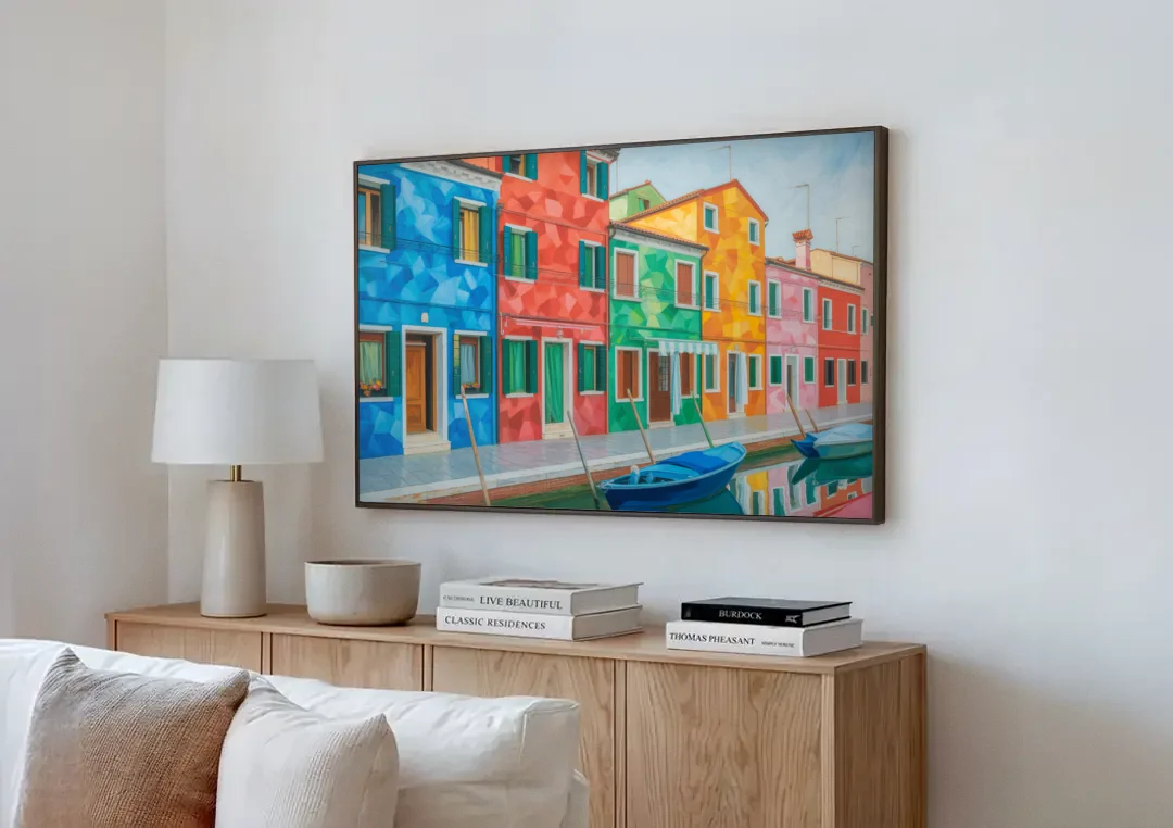 Burano's Colorful Streets canvas wall art above a wooden sideboard next to a sofa