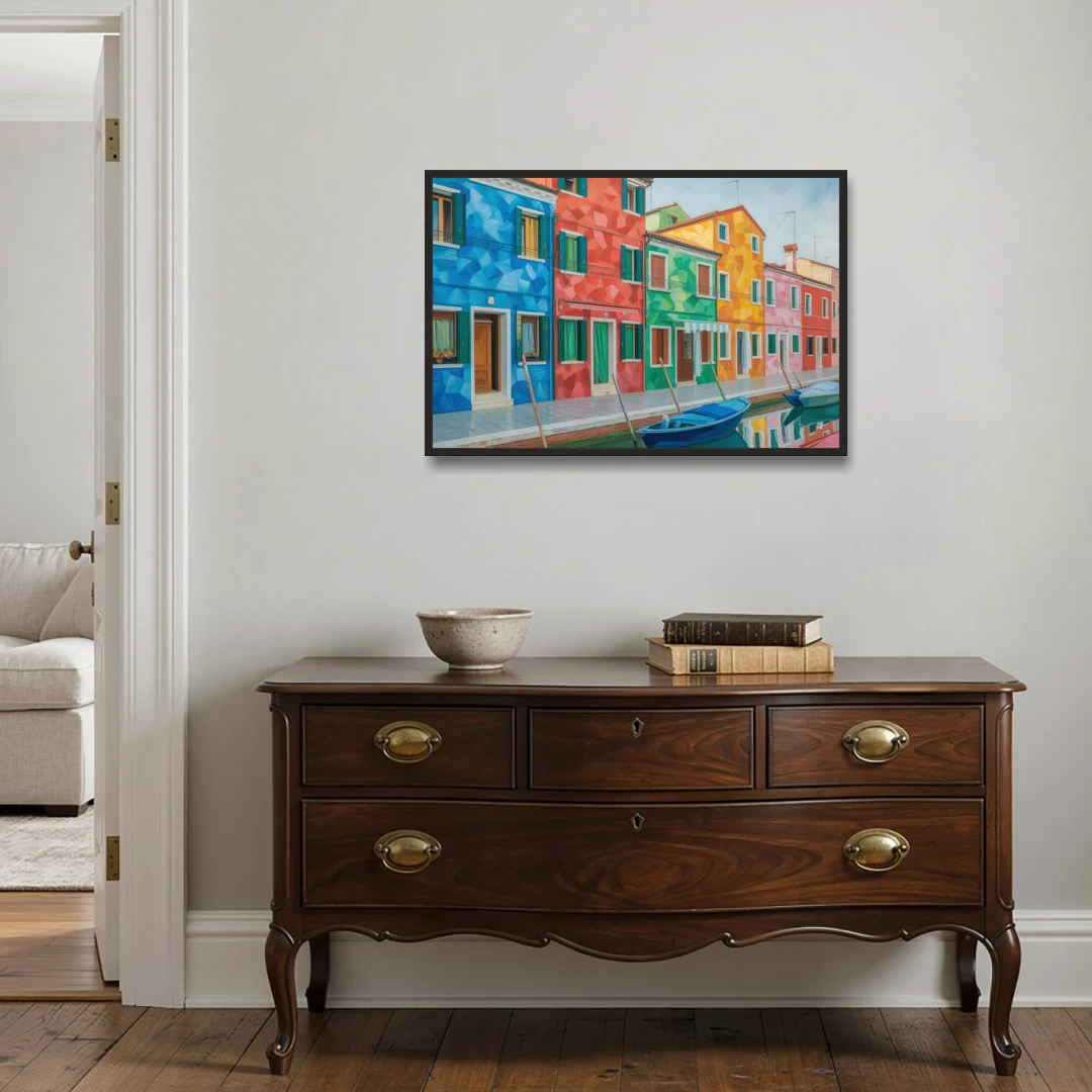 Burano's Colorful Streets - Black Framed Canvas Wall Art - Coffee Table - 36x24