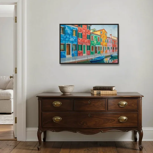 Burano's Colorful Streets - Black Framed Canvas Wall Art - Coffee Table - 36x24