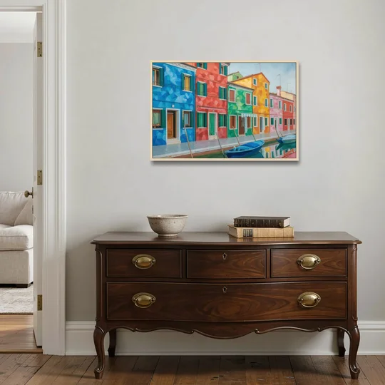 Burano's Colorful Streets - Oak Framed Canvas Wall Art - Coffee Table - 36x24