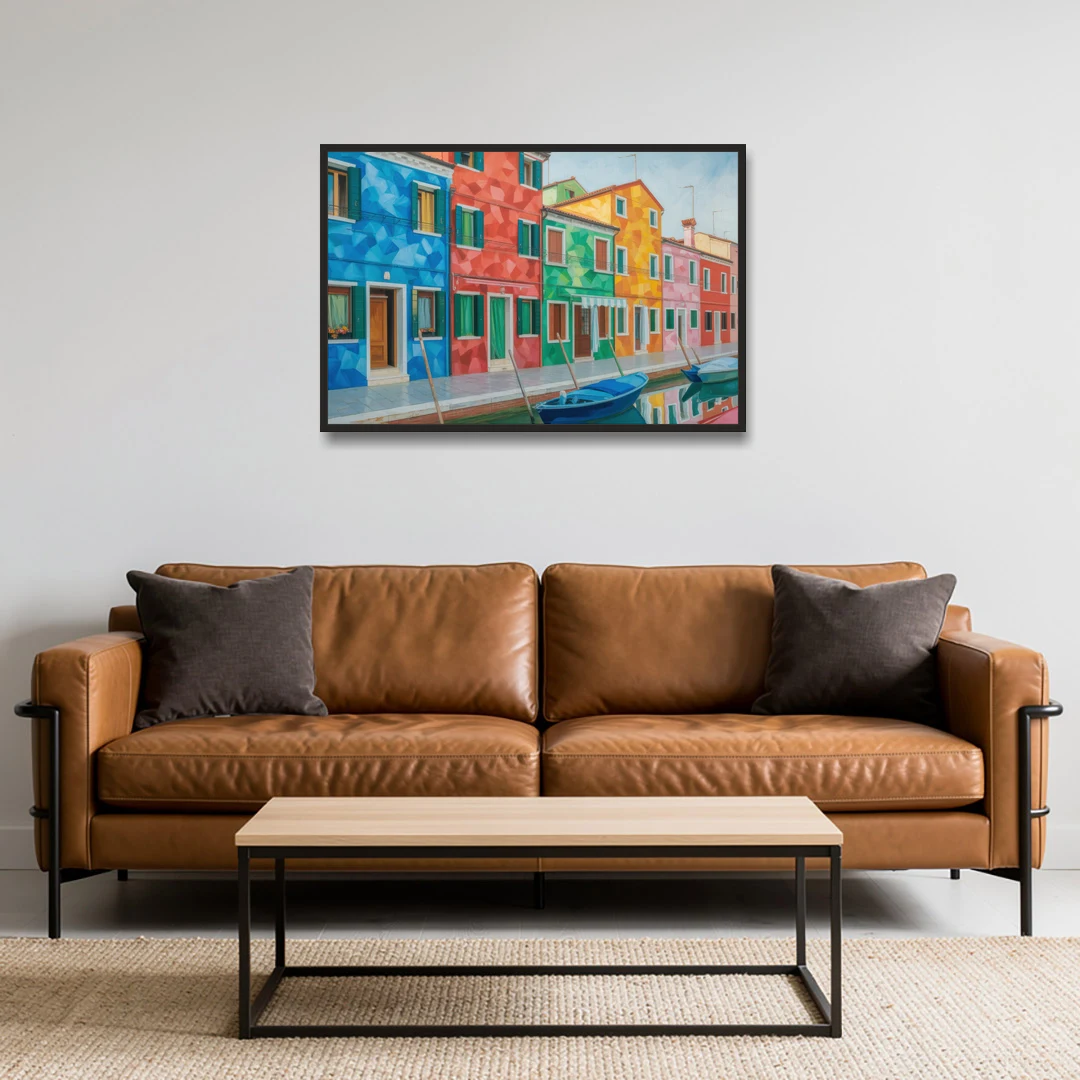 Burano's Colorful Streets - Black Framed Canvas Wall Art - Sofa - 36x24