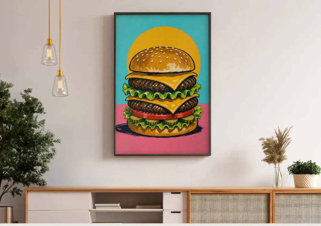 Burger Art Double Cheeseburger Stack canvas wall art above a wooden sideboard under pendant lights