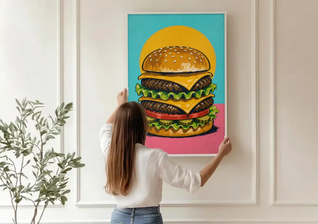Burger Art Double Cheeseburger Stack canvas wall art being hung on a paneled wall