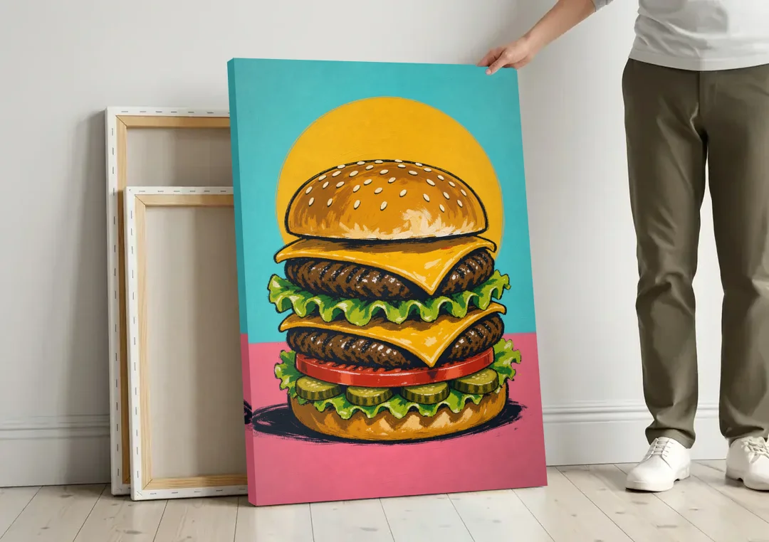 Burger Art Double Cheeseburger Stack canvas wall art leaning against a wall next to blank canvases