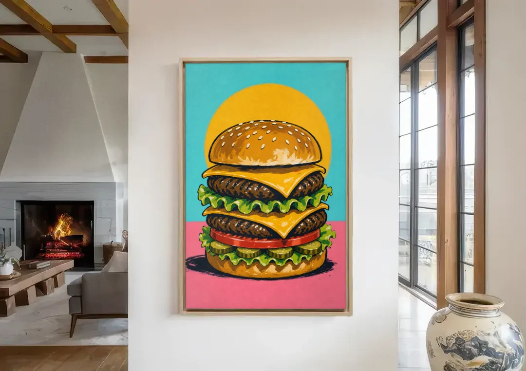 Burger Art Double Cheeseburger Stack canvas wall art in a living room with a fireplace
