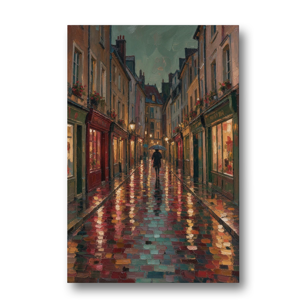 Burgundy Wall Decor of a Rainy Cobblestone Lane - Canvas Wall Art - Front