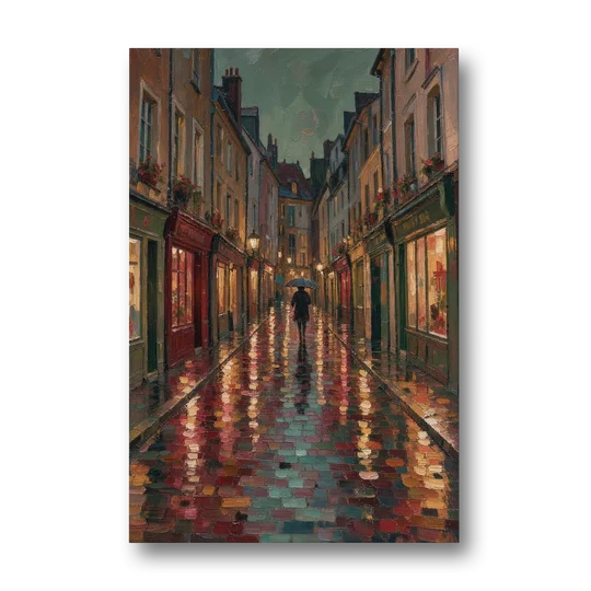 Burgundy Wall Decor of a Rainy Cobblestone Lane - Canvas Wall Art - Front