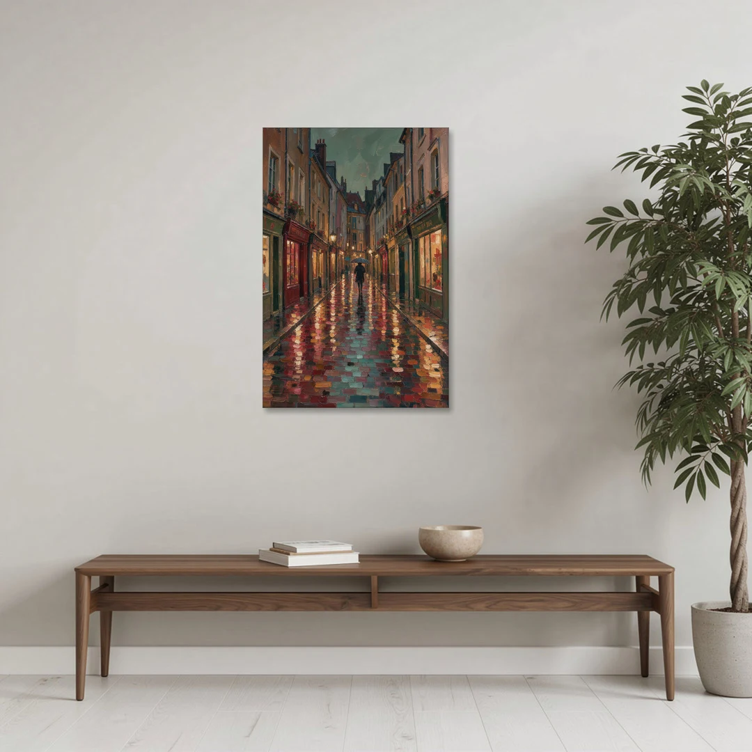 Burgundy Wall Decor of a Rainy Cobblestone Lane - Canvas Wall Art - Coffee Table - 24x36